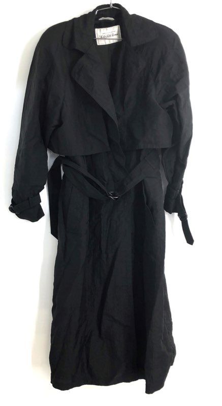 Vintage 90s Saks Fifth Avenue Women's Black Belted Nylon Trench Coat Sz 8