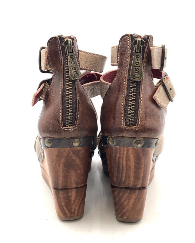 Bed Stu Tan Brown Leather Studded Multi-Strap Wedge Sandals Size 6.5