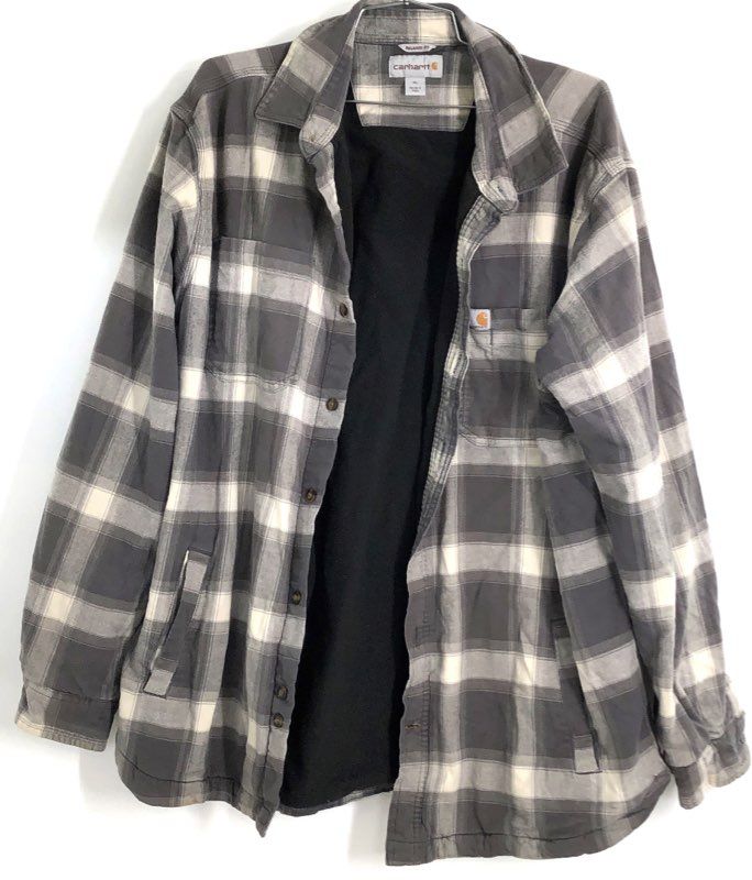 Carhartt Relaxed Fit Fleece Lined Plaid Rugged Flex Shirt Jacket Gray Sz XL