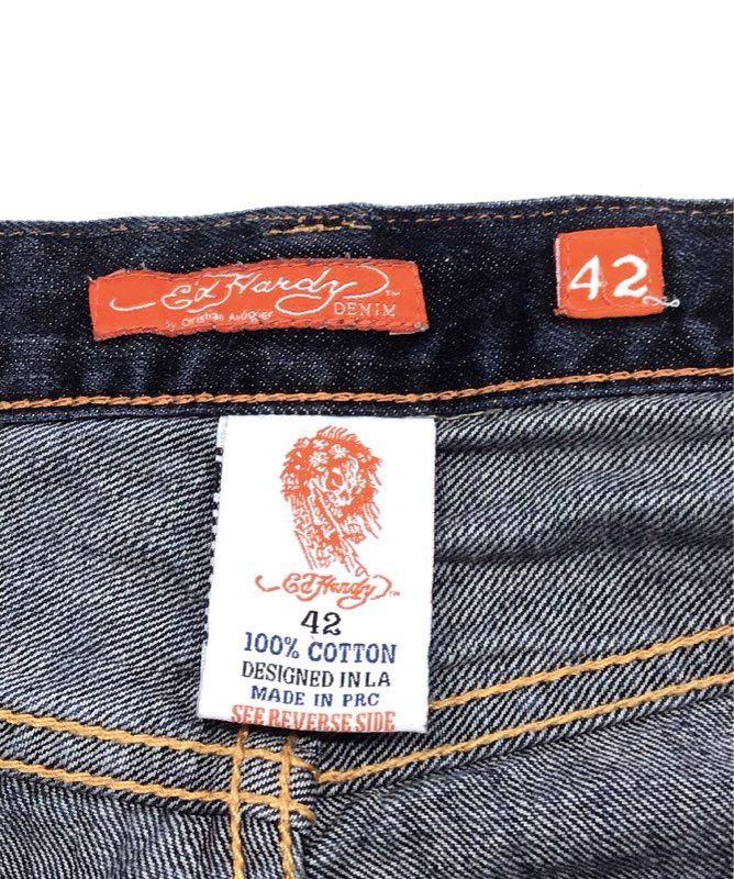 Vintage Y2K Ed Hardy Men's Dark Wash Embroidered Eagle Skull Denim Shorts Sz 42