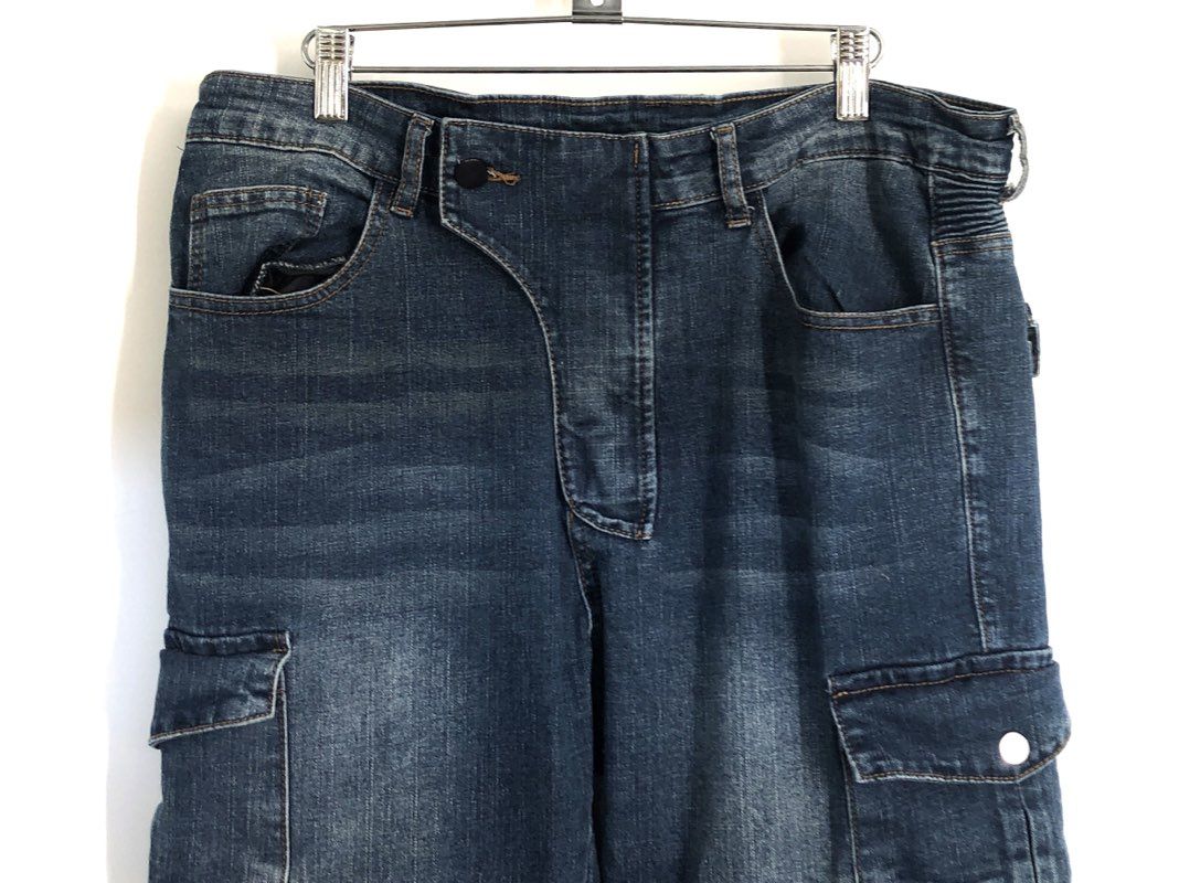 Men's Blue Denim Biker Motorcycle Pants Reinforced Knee Cargo Sz EU M JP L