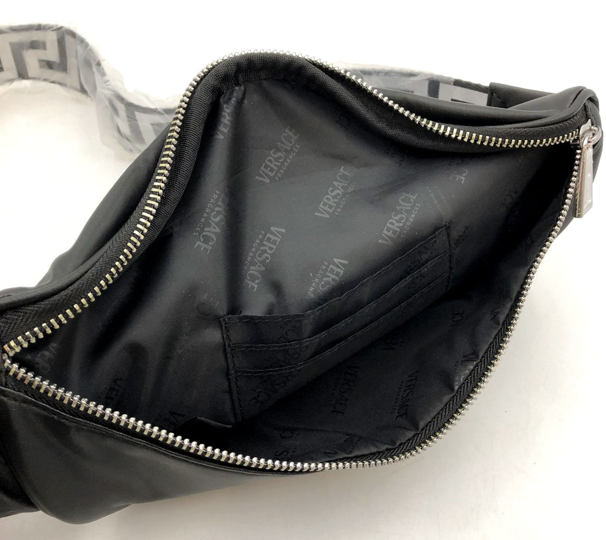 Versace Fragrances Black Fanny Pack/Belt Bag w/ Silver-Tone Hardware & Patterns