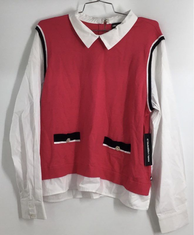 Karl Lagerfeld Paris Women's Pink White Mock Layer Knit Top Collared Sz L NWT