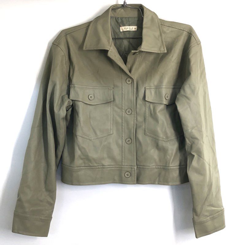 ILLA ILLA Women's Sage Green Faux Leather Cropped Trucker Jacket Sz S