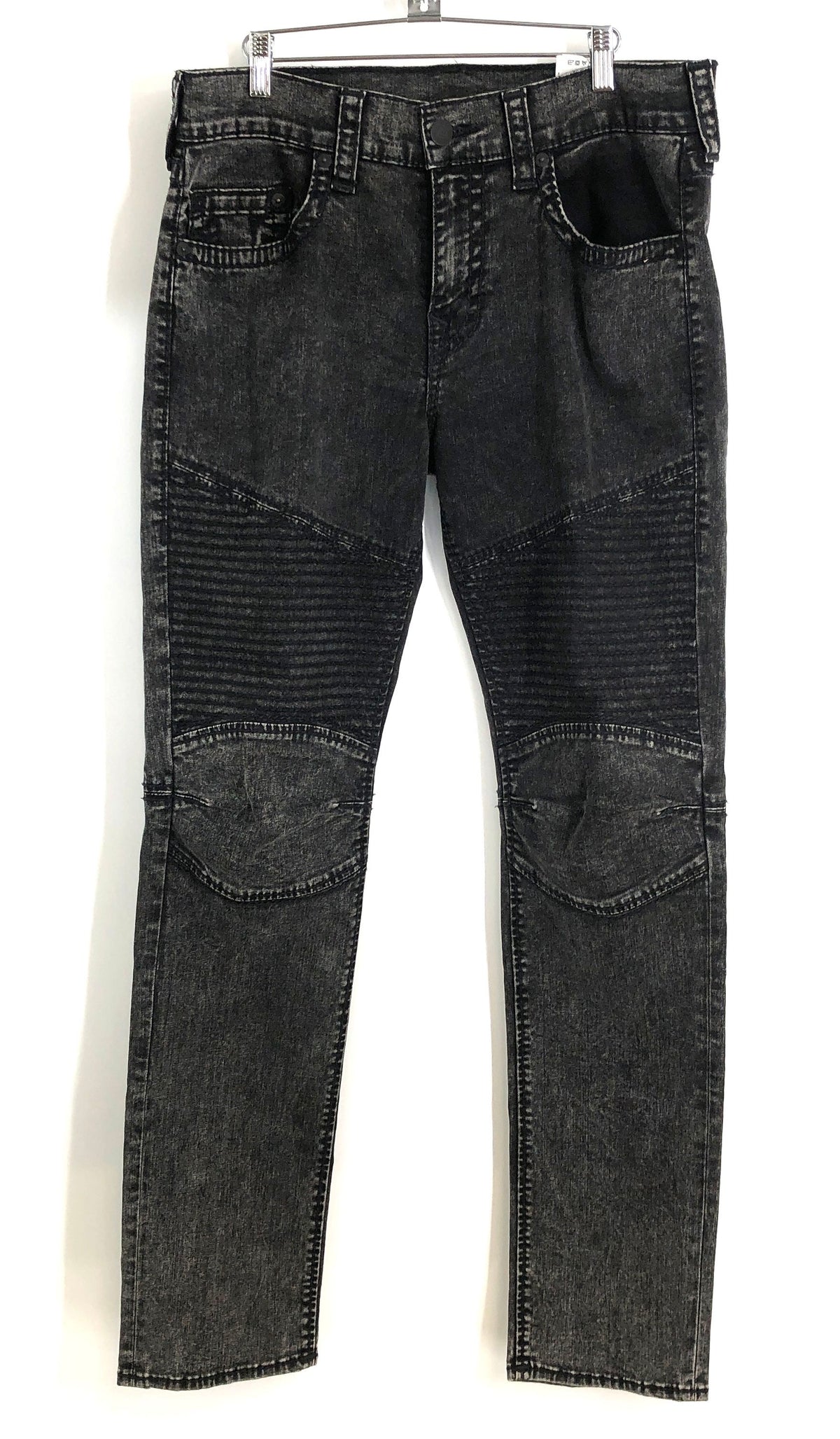 True Religion Men's Geno Relaxed Slim Moto Jeans Black Acid Wash Ribbed Sz 34