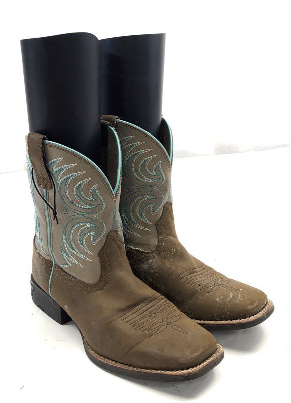 Ariat Brown and Teal Embroidered Square Toe Western Cowboy Boots Size 5.5