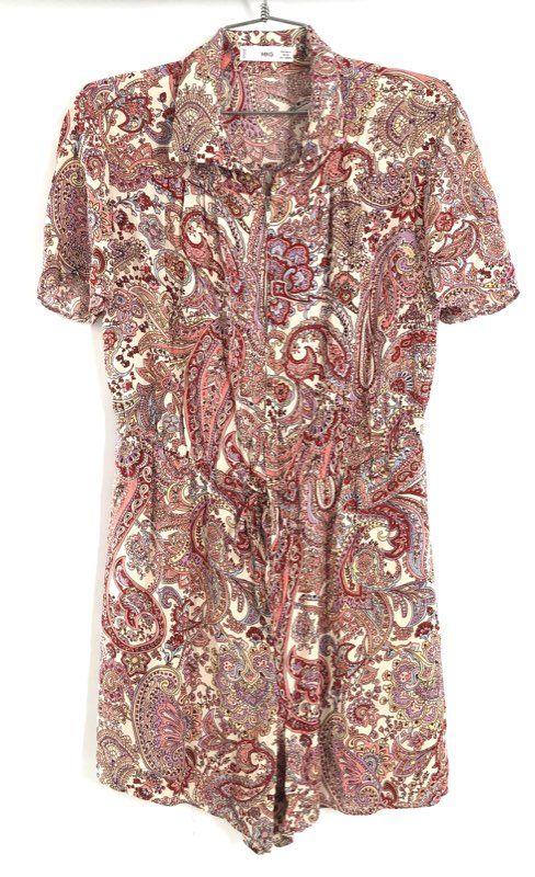 Mango MNG Women's Red Paisley Short Sleeve Half Zip Drawstring Romper Size M