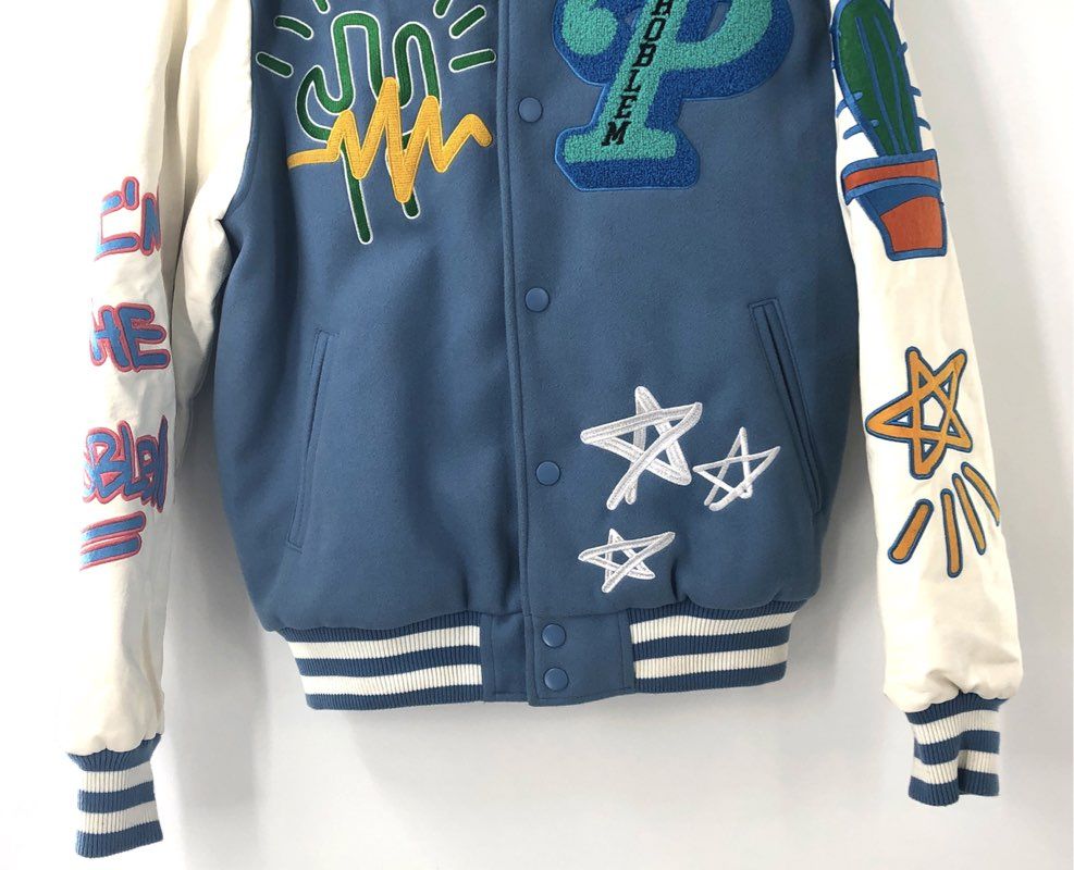 Pacsun Men's Downstream Problem Varsity Jacket Blue Cream Embroidered Size S