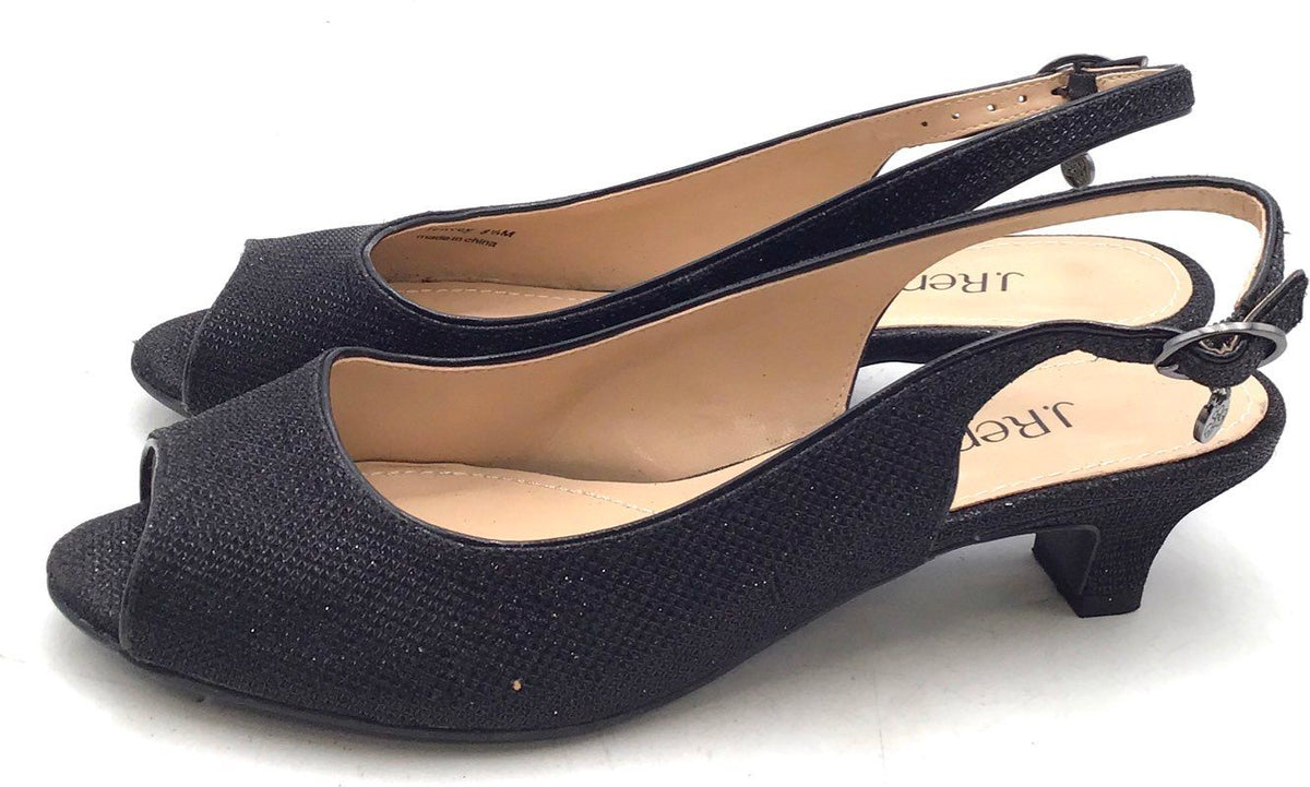 J.Renee Jenvey Black Glitter Peep Toe Slingback Kitten Heel Pumps Size 8.5