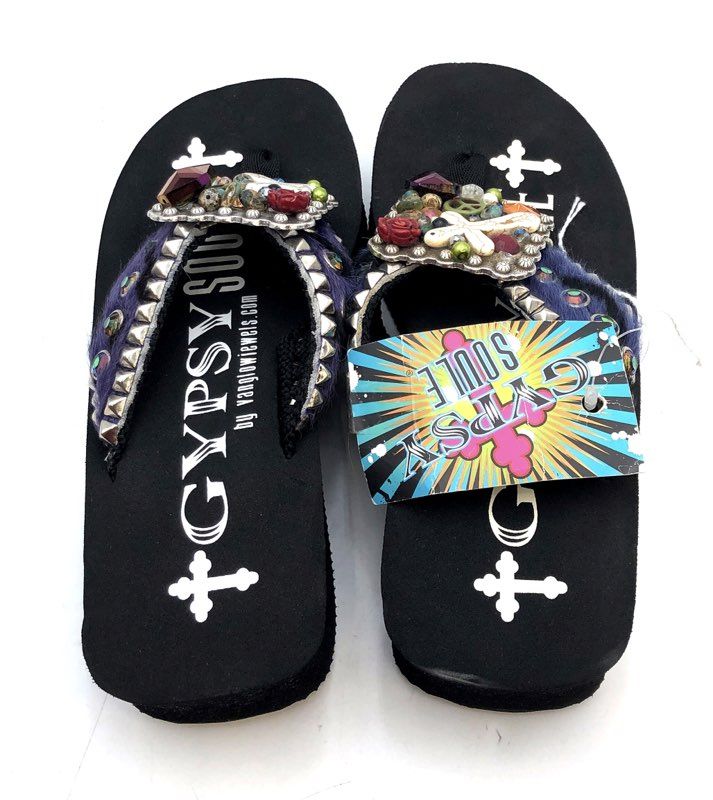 Gypsy Soule Rockz Black Purple Zebra Studded Wedge Sandals Women's Size 7 NWT
