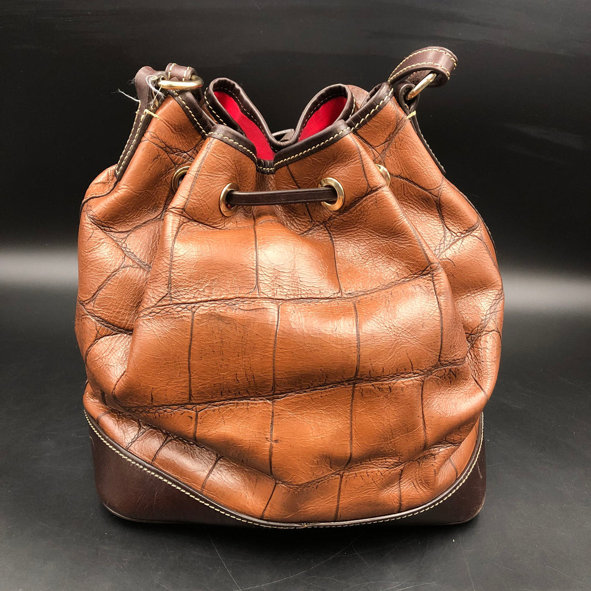 Dooney & Bourke Cognac Brown Leather Denison Bucket Bag Gold Hardware COA