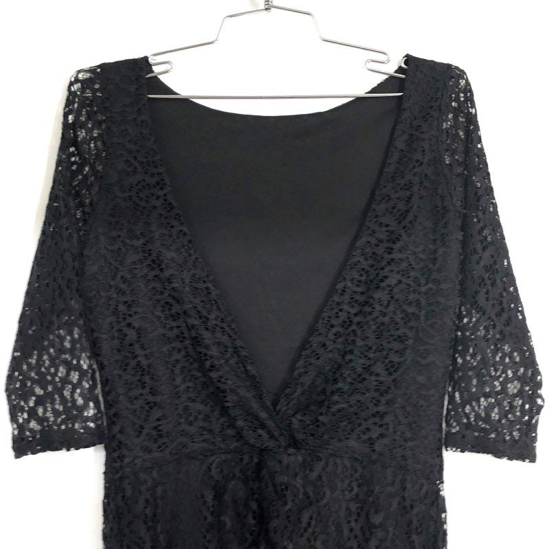 ASOS Women's Black Lace Draped Twist Front 3/4 Sleeve Sheath Dress Size 6