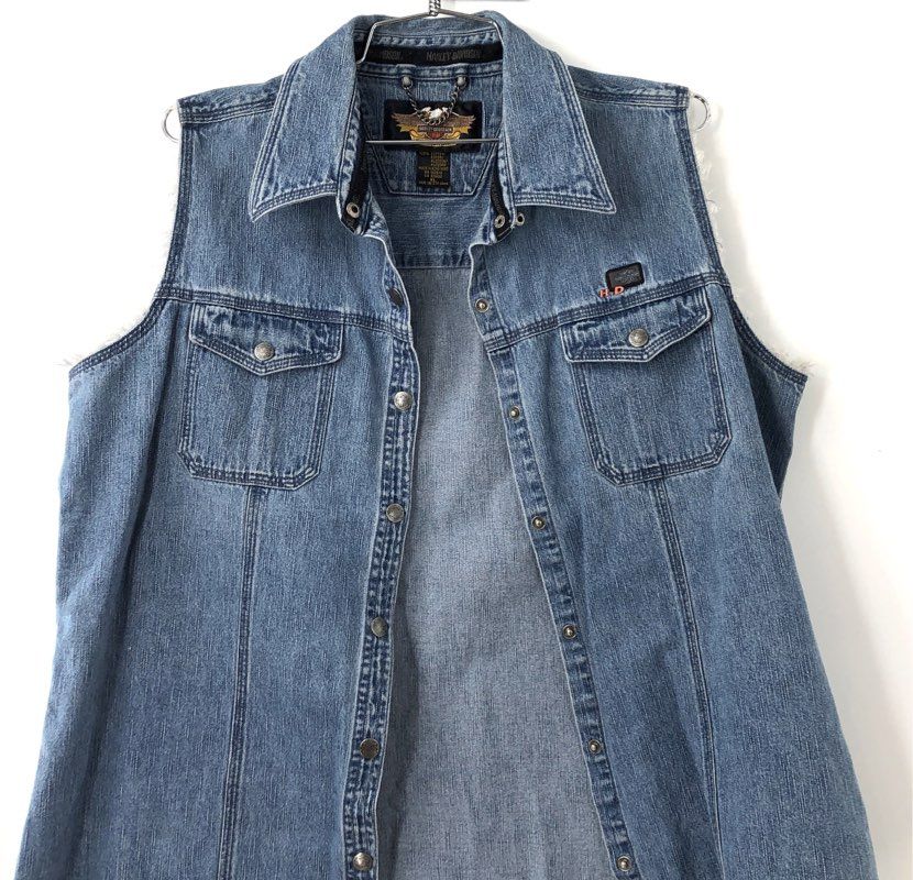 Vintage 90s Harley-Davidson Denim Cut Off Biker Vest Frayed Sleeves Sz XL