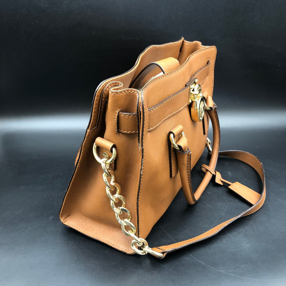 Michael Kors Pecan Brown Leather Jet Set Satchel Bag Gold Hardware COA