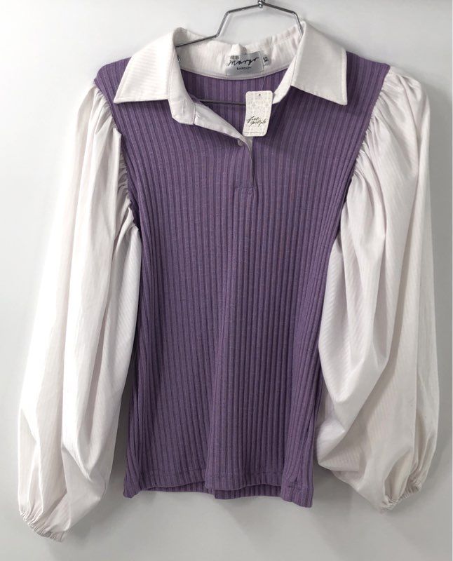 margo BARIDON Women's Lavender Puff Sleeve Ribbed Polo Top NWT Sz XS