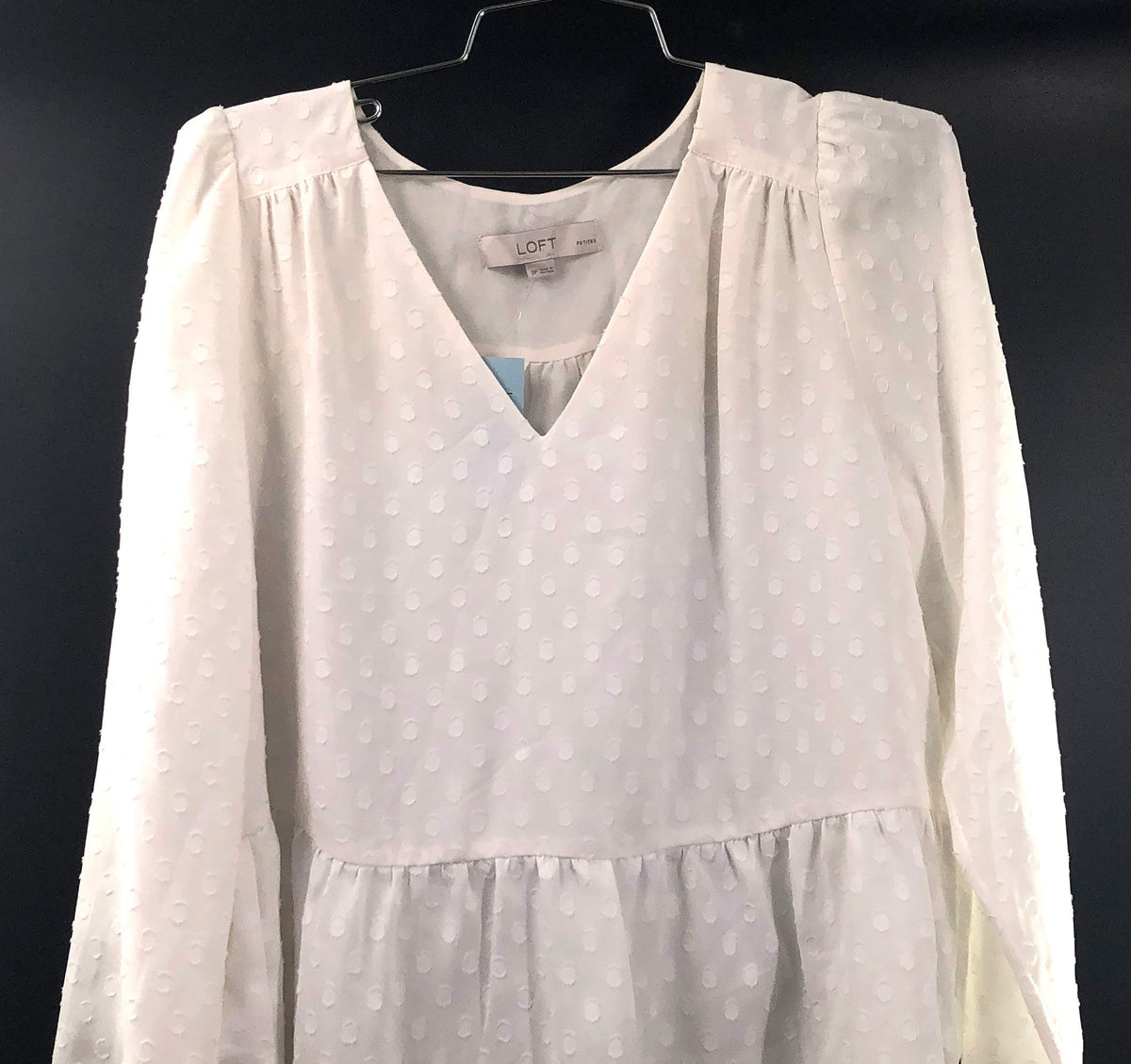 LOFT Women's White Swiss Dot V-Neck Peplum Blouse Long Sleeve Sz SP NWT