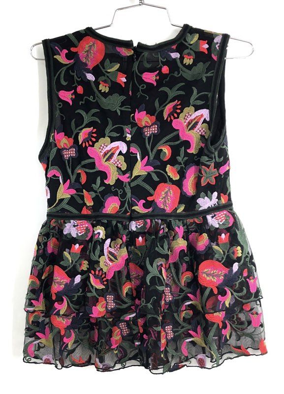 Cynthia Rowley Women's Black Multi Floral Embroidered Mesh Peplum Top Sz S NWT