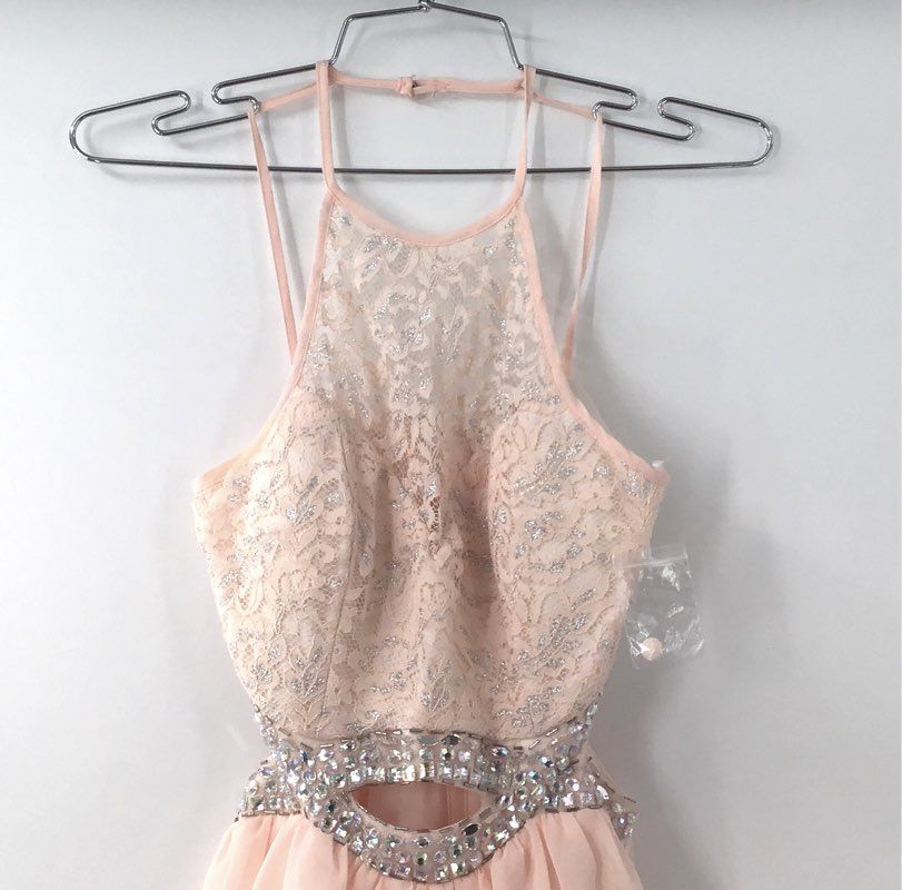 B. Darlin Women's Blush Lace Embellished Cutout Halter Dress NWT Sz 1/2
