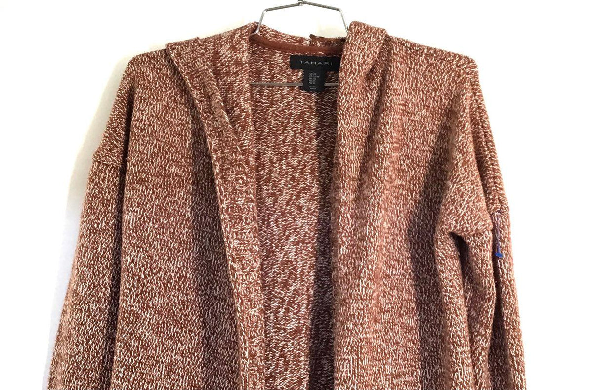 Tahari Women's Brown Marl Hooded Open Front Cardigan Sweater Pockets Sz XS