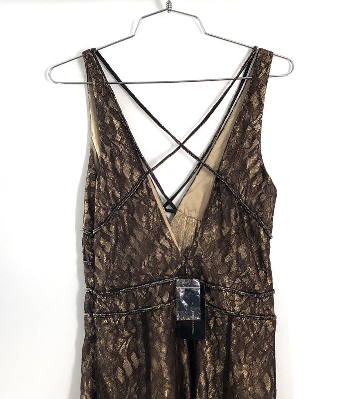 BCBGMAXAZRIA Women's Chocolate Gold Metallic Beaded Lace Cocktail Dress NWT Sz 4