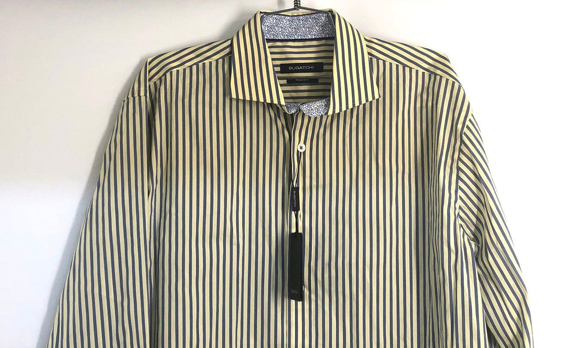 Bugatchi Men's Long Sleeve Button Down Shirt Lemon Striped Shaped Fit NWT Sz L