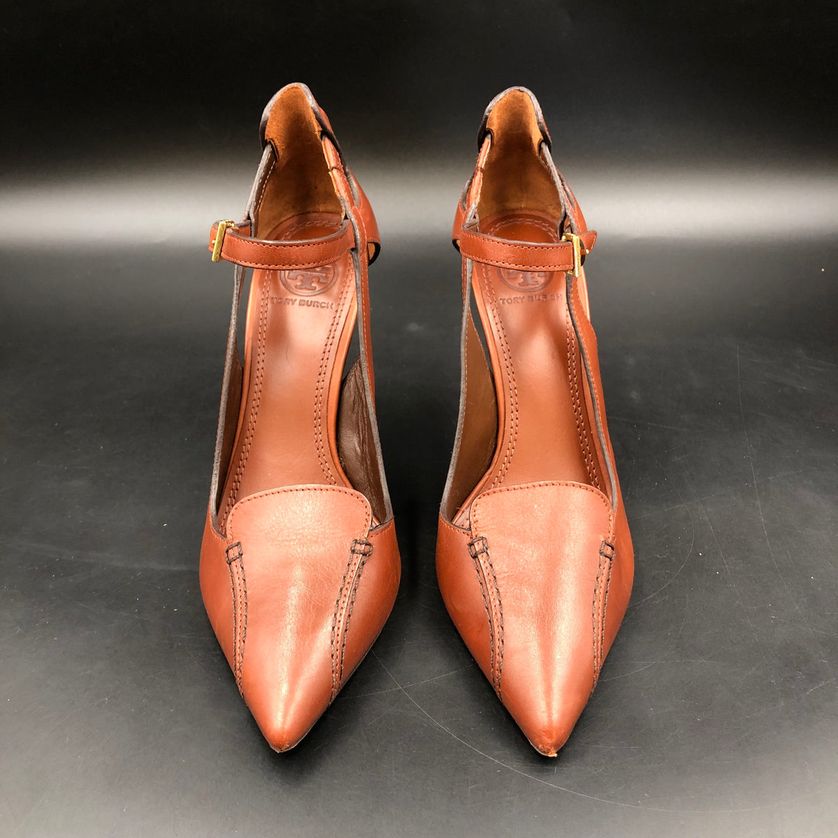 Tory Burch Cognac Brown Leather Double T Pointed Toe Heels Size 7.5 COA