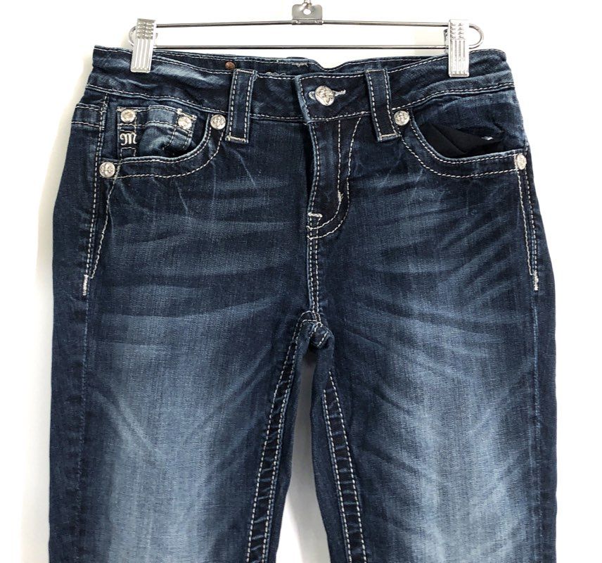 Miss Me Women's Dark Wash Mid Rise Bootcut Jeans Contrast Stitching Size 28