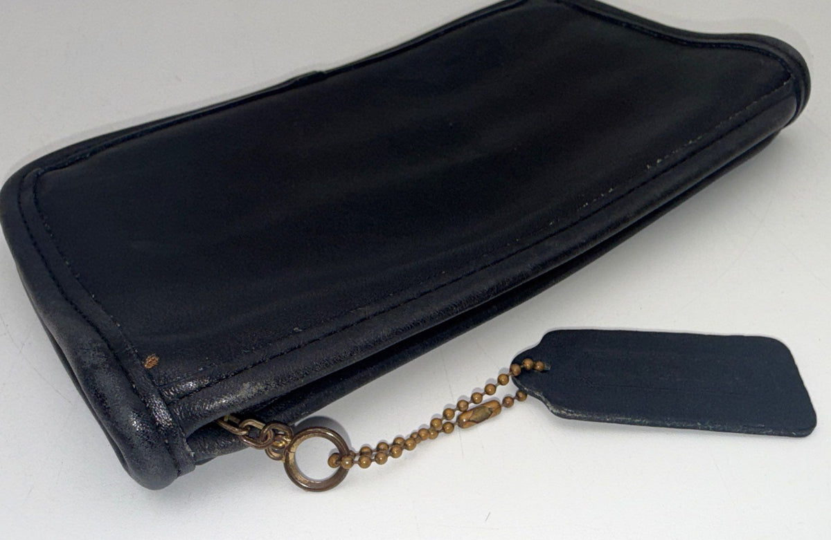 Vintage Coach Black Leather Legacy Pouch Clutch Bag Striped Lining Brass