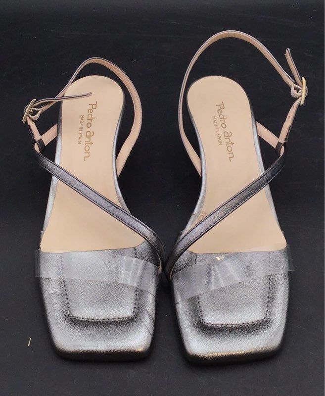 Pedro Antón Pewter Metallic Square Toe Clear Strap Heeled Sandals Size 38 New