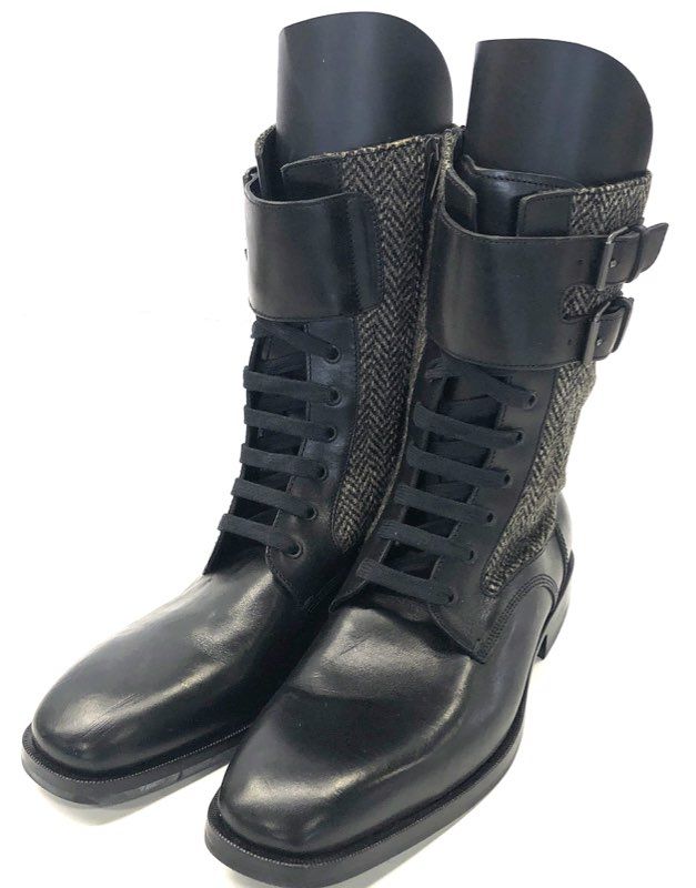 Hugo Boss Black Leather Tweed Double Buckle Combat Boots Made in Italy Sz 41