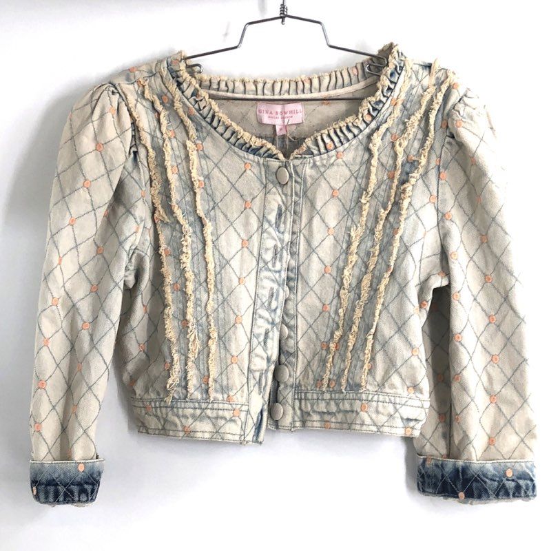 Gina Bowhill Women's Coco Denim Jacket White Quilted Frayed Puff Sleeve Sz M NWT
