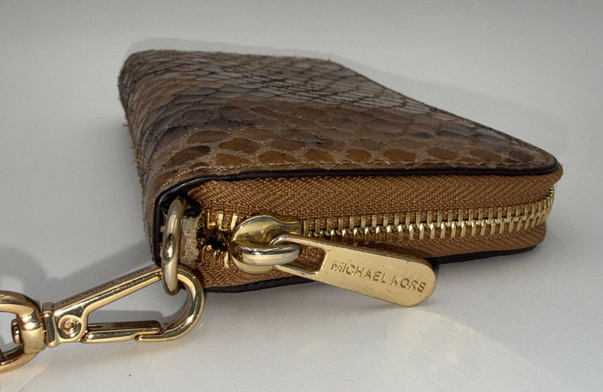 Michael Kors Brown Snakeskin Embossed Leather Zip Around Wristlet Wallet