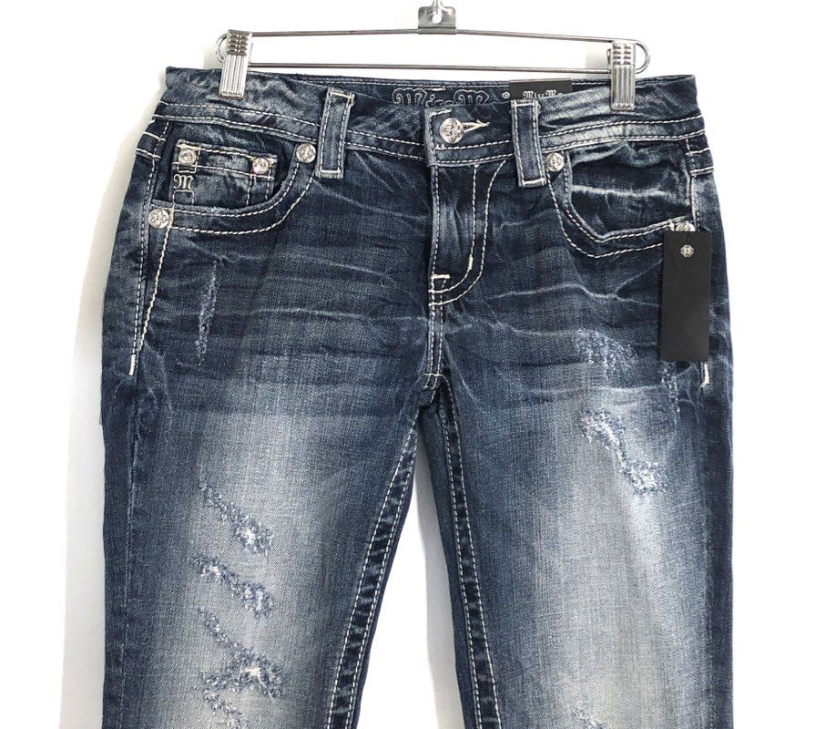 Miss Me Women's Blue Distressed Embellished Straight Leg Jeans Sz 27x33 NWT