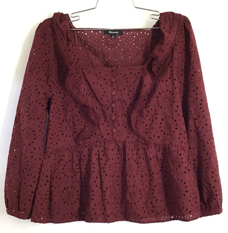 Madewell Women's Burgundy Eyelet Ruffle Peplum Blouse Sz XS