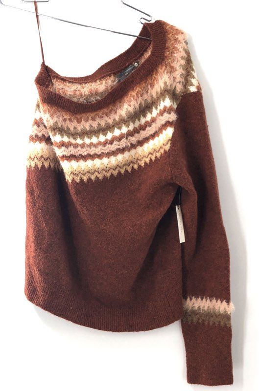 NWT Anthropologie Women's Fair Isle One Shoulder Sweater Honey Alpaca Blend XL