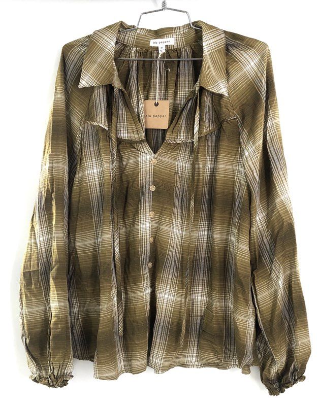 blu pepper Women's Olive Brown Ombre Plaid Button Front Blouse Sz M NWT