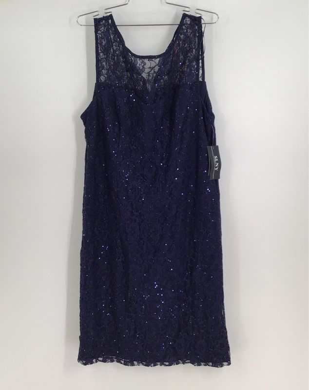 NWT SLNY Women&#39;s Blue Sequin Sleeveless V-Neck Sheath Dress - Size 16