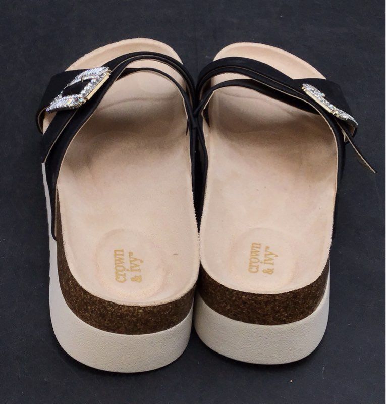 Crown & Ivy Indigo Black Jeweled Buckle Platform Slide Sandals New Womens Sze 10