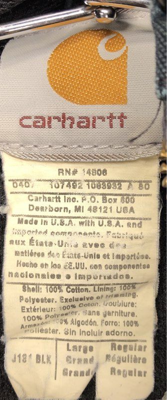 Carhartt Men's Black J131 Thermal Lined Duck Active Jacket Hooded Sz L