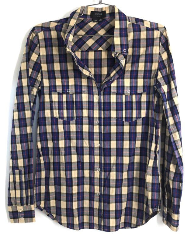 Barneys New York CO-OP Women's Western Snap Shirt Blue Tan Plaid Sz XS