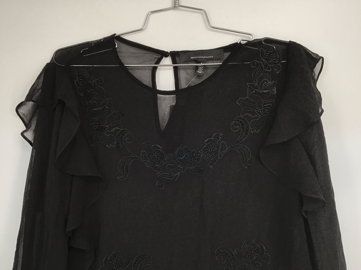 NWT White House Black Market Women&#39;s Black Long Sleeve Applique Tunic Top - Sz 4