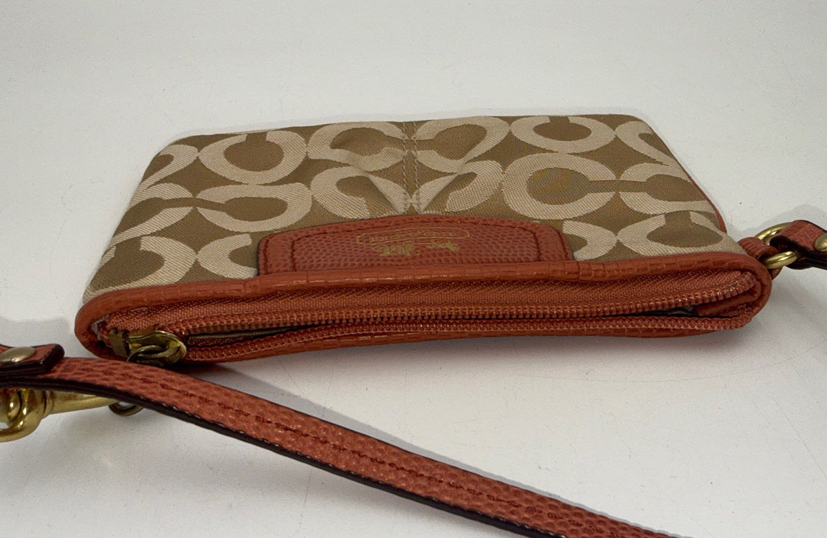 Coach Beige Signature Canvas Small Wristlet Pouch Brown Leather Gold Logo