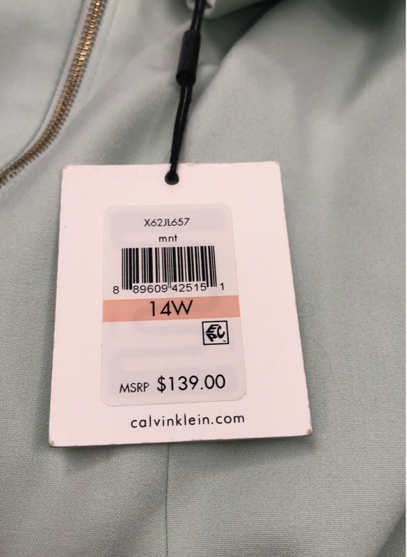 Calvin Klein Women's Mint Green Collarless Zip Front Blazer Jacket NWT Size 14W
