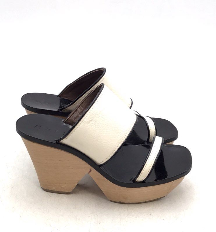 Marani Women&#39;s Black White Slip-On Block Heel Slide Sandals - EUR Size 38