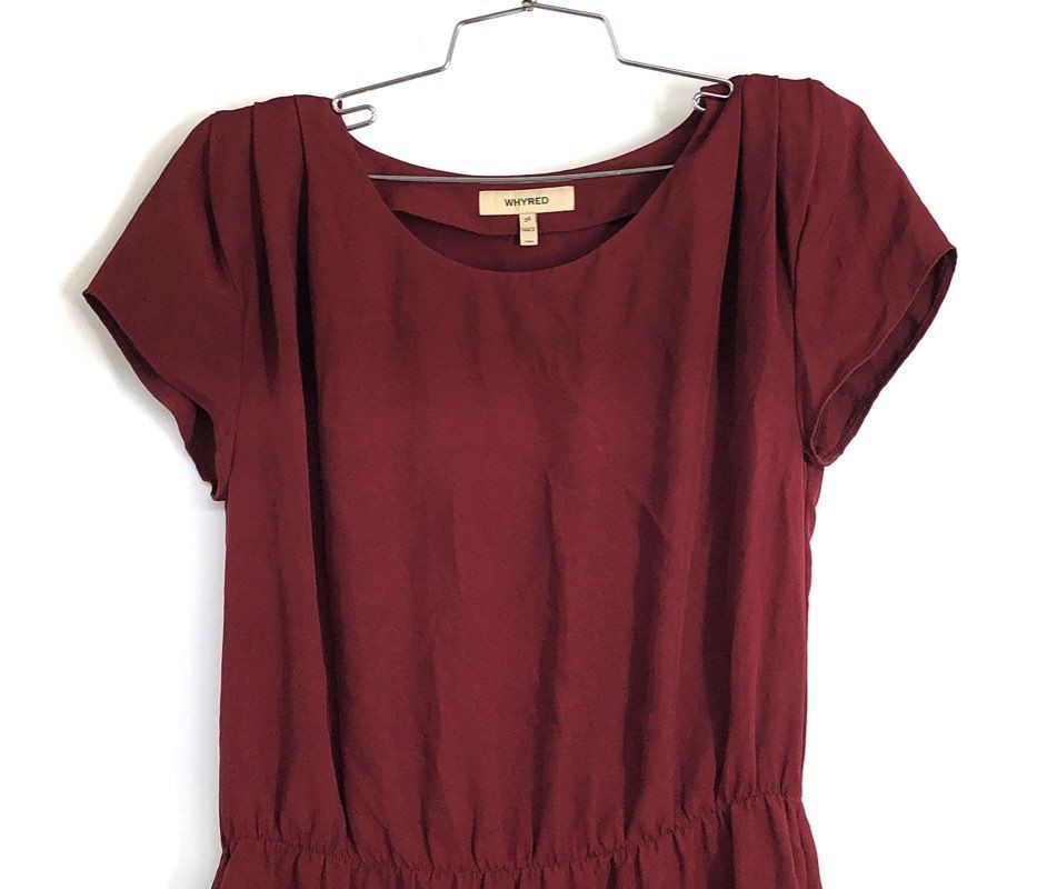 Whyred Women's Burgundy Short Sleeve Elastic Waist Pleated Dress Size 36