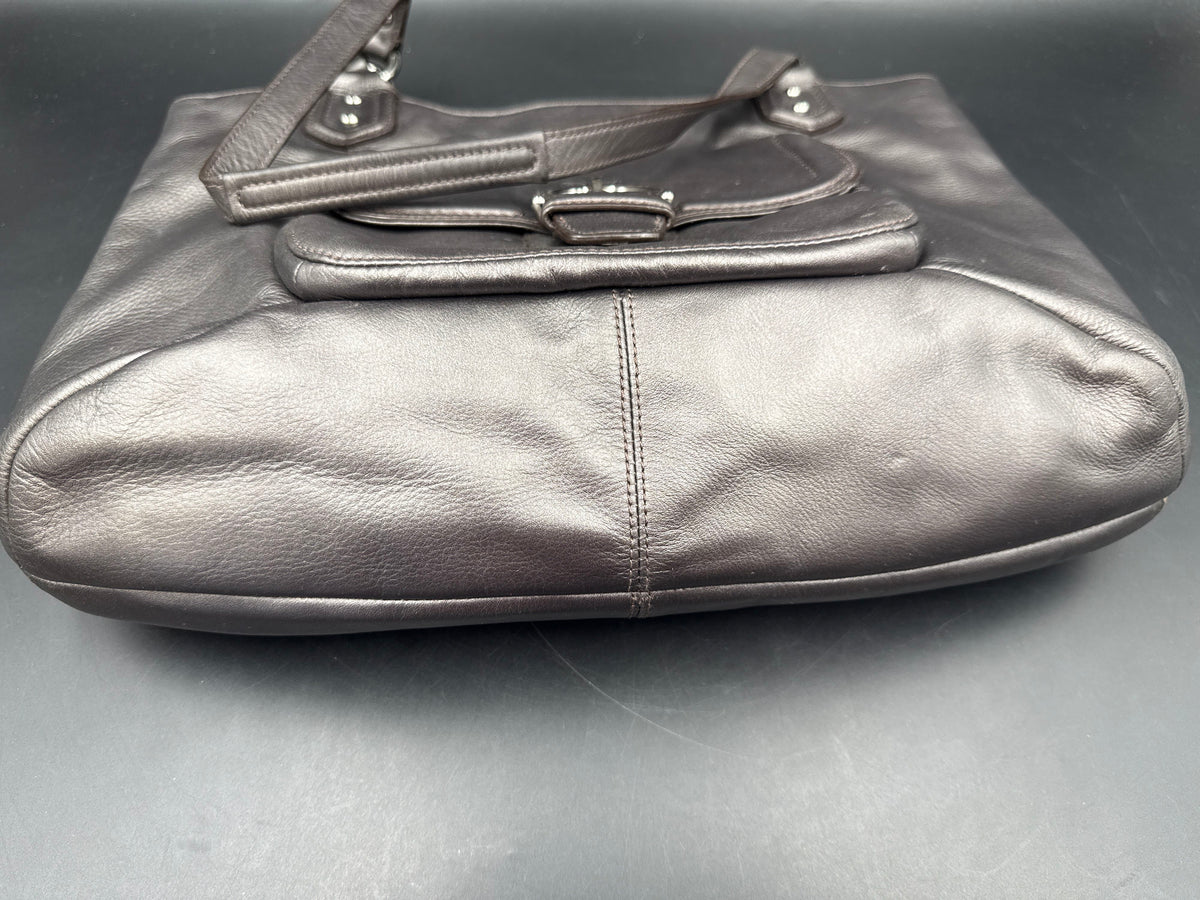 Coach Metallic Leather Park Metro Shoulder Bag Pewter Silver F24361 COA