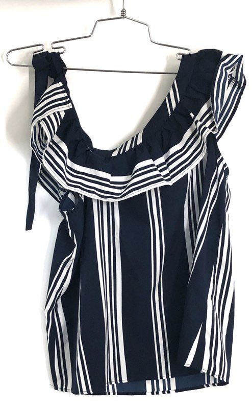 ONLY Women's Navy Blue White Striped Ruffle One Shoulder Blouse Top Sz 36