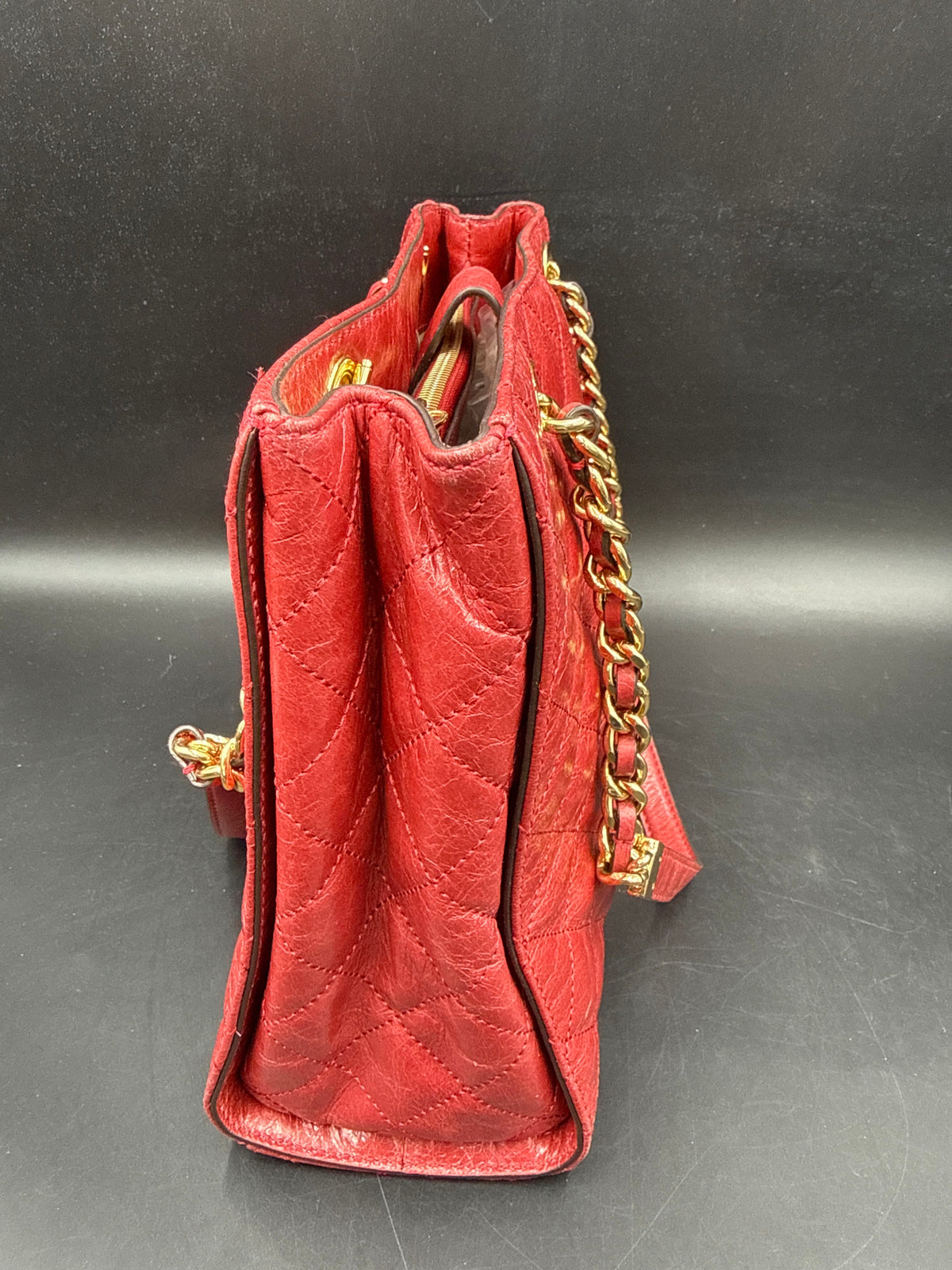 Michael Kors Red Quilted Leather Susannah Small Tote Bag Gold Hardware COA