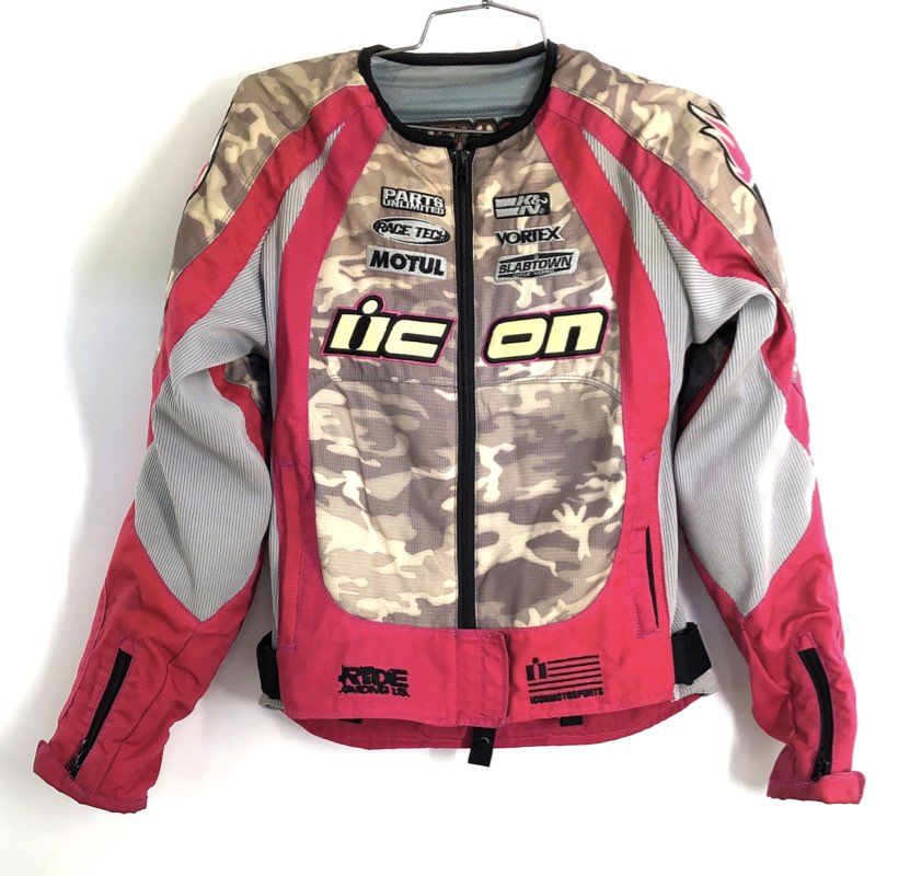 Icon Women's Merc Stage 3 Riding Jacket Pink Camo Graphic Patches Sz SM