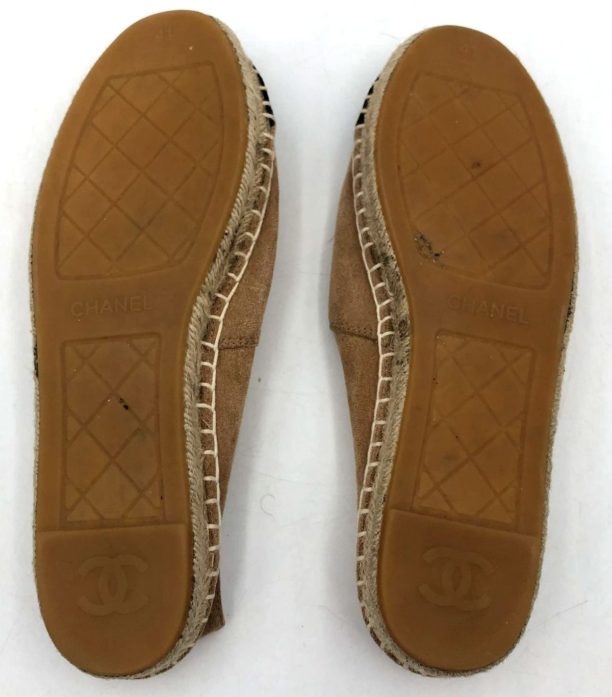 Chanel Inspired Women's Tan/Black Suede Cap Toe Espadrille CC Flats - Size 41